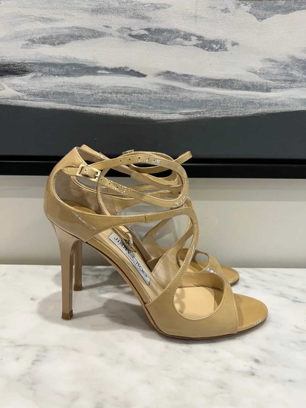 Jimmy Choo Beige Patent Leather Strappy High-Heel Sandals - Picture 5 of 10